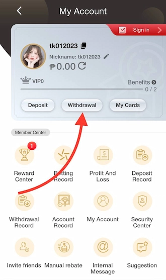 Step 5: At the My Account interface, bettors should select “Withdrawal”.